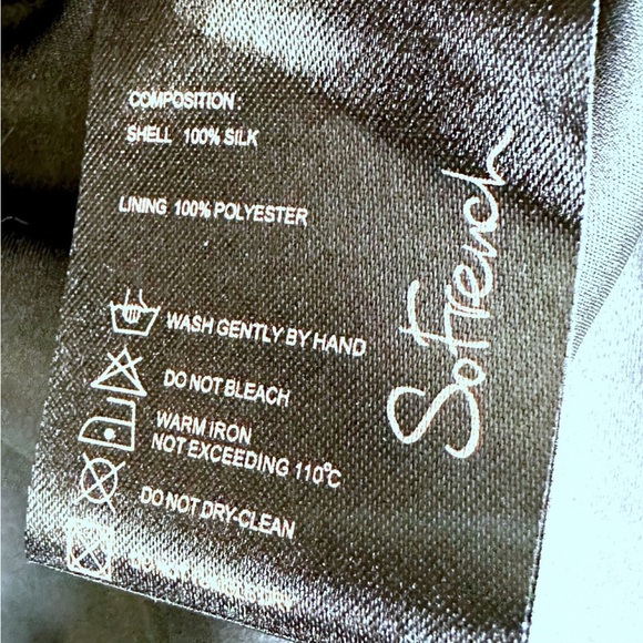 [ SO FRENCH ] Black 100% silk ruffle breast tailored shirt dress: MED : like new - Picture 6 of 7